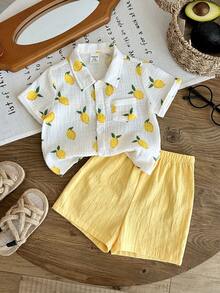 LMoss Kids Baby Boy Cute Lemon Print Shirt And Yellow Elastic Waist Shorts Set, Suitable For Spring/Summer, Vacation, Casual Fashion - Multicolor - View 5