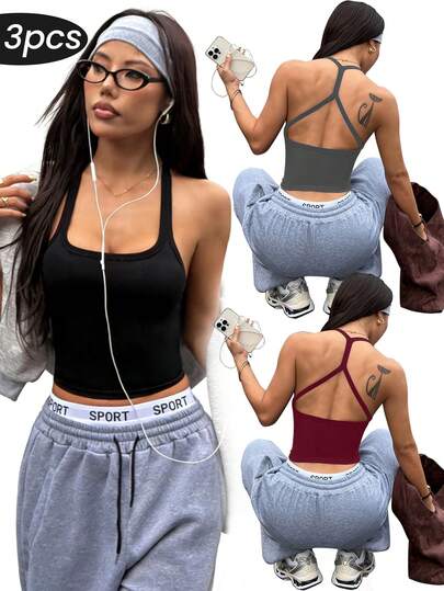 SHEIN Velisys 3pcs Women's Seamless Yoga Sports Bras, Wireless Fitness Tops, Criss-Cross Sports Vest, Running Underwear