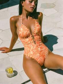 Swim Vcay Retro Urlaubsstil Damen Badeanzug, Orange & Beige Farbblock, Meeresbewohner Muster, Halter Nacken Krawatte, doppellagige Ausschnitt-Metallstern Dekoration, hochgeschnittene Rückseite, Vintage Urlaubsstil, Frühling Ostern Strand Küsten Resort Chic - Orange - Übersicht 3