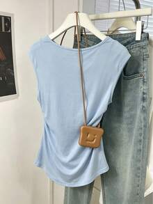 SHEIN Holidaya Áo thun nữ dáng rộng cổ tròn, màu xanh ngọc lam, có nhún bèo, thích hợp mặc đi nghỉ mát. - Màu xanh lam - Xem 2