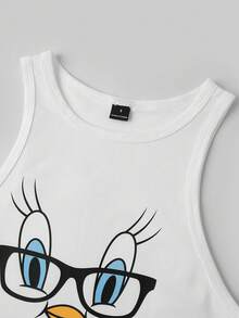 Slaydiva LOONEY TUNES X SHEIN Áo tank top nữ cổ tròn, chất liệu 34% cotton, in hình chim Tweety phong cách retro - Phong cách vintage Y2K dễ thương, thích hợp mặc ở nhà, chơi thể thao, đi sân bay mùa hè/thu/xuân, đi nghỉ mát ven biển, nghỉ xuân, dự đám cưới, du lịch thành phố, du thuyền và các lễ hội âm nhạc phong cách Boho. - trắng - Xem 5