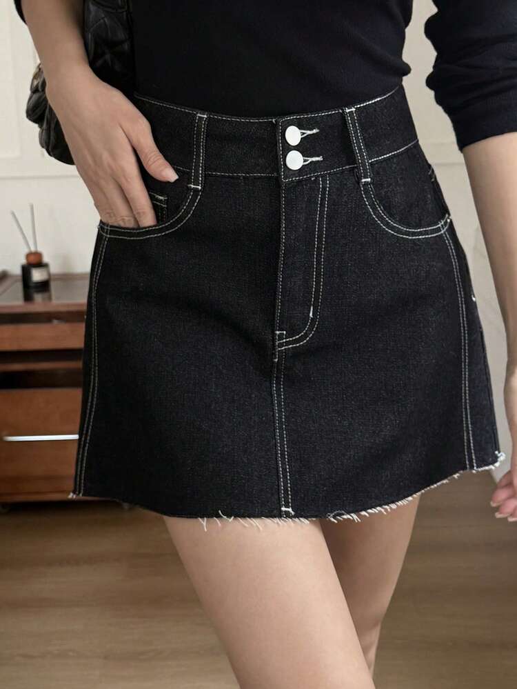 Women's High Waist Double-Breasted Contrast Stitching Frayed Hem Denim Mini Skirt Summer