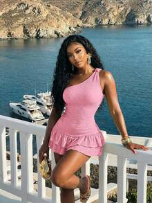 Slaydiva Women Soft Pink Summer Casual One-Shoulder Knotted Multi-Layer Ruffle Jumpsuit,Slim Fit Textured Beach Holiday Vacation Resort Fashion Outfits - Pink - View 7