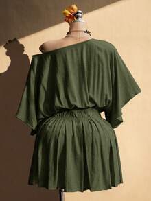 SHEIN ICON 大码女式休闲纯色不对称领连衣裙 - 軍綠色 - 查看 2