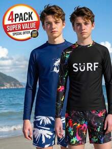 SHEIN 2件套青少年男童休闲度假印花长袖泳衣和泳裤 - 彩色 - 查看 3