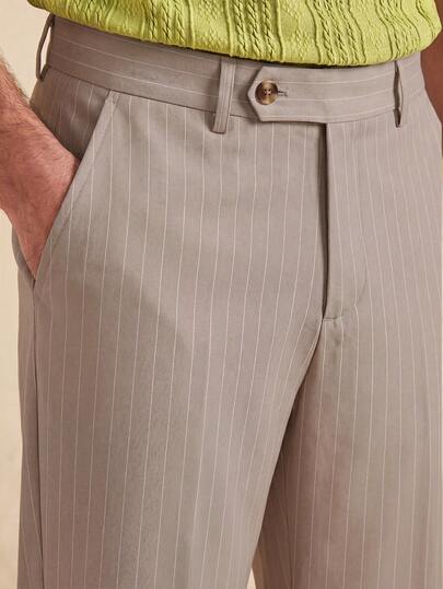 Core Aspect Men's Solid Color Vintage Double Pleated Vertical Striped Zip-Up Casual Business Pants