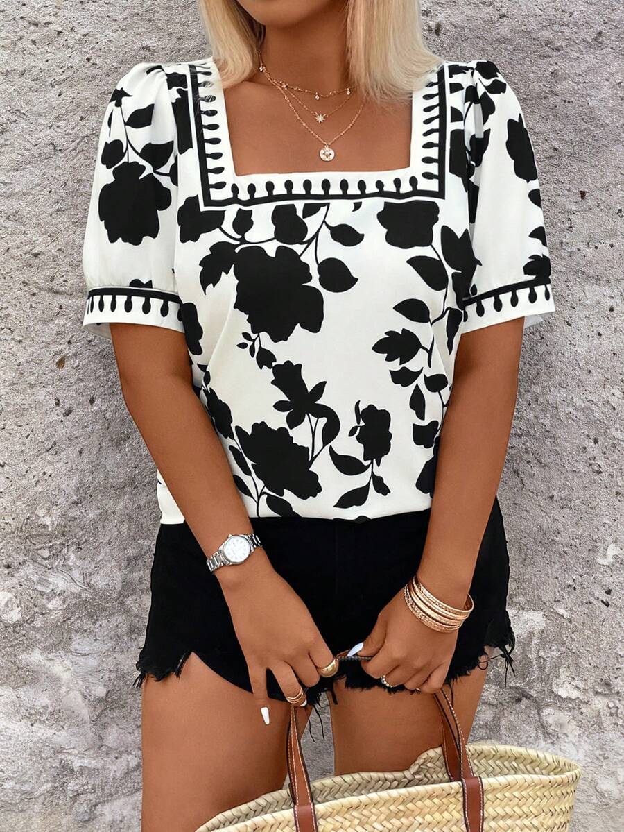 SHEIN Holidaya Áo nữ cỡ lớn mùa hè, tay phồng ngắn, cổ vuông, họa tiết hoa lãng mạn, áo sơ mi trắng cỡ lớn dành cho nữ, áo đi biển, thích hợp cho trang phục mùa xuân, trang phục đi nghỉ mát, trang phục đi làm, trang phục dự đám cưới, dự tiệc, lễ tốt nghiệp, áo nữ thanh lịch, trang phục trang trọng, trang phục ngoài trời. - màu đen - Xem 1