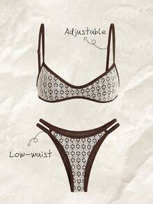 Elavelle Women's Jacquard Fabric Spaghetti Strap Bikini Set, Spring/Summer - Multicolor - View 1