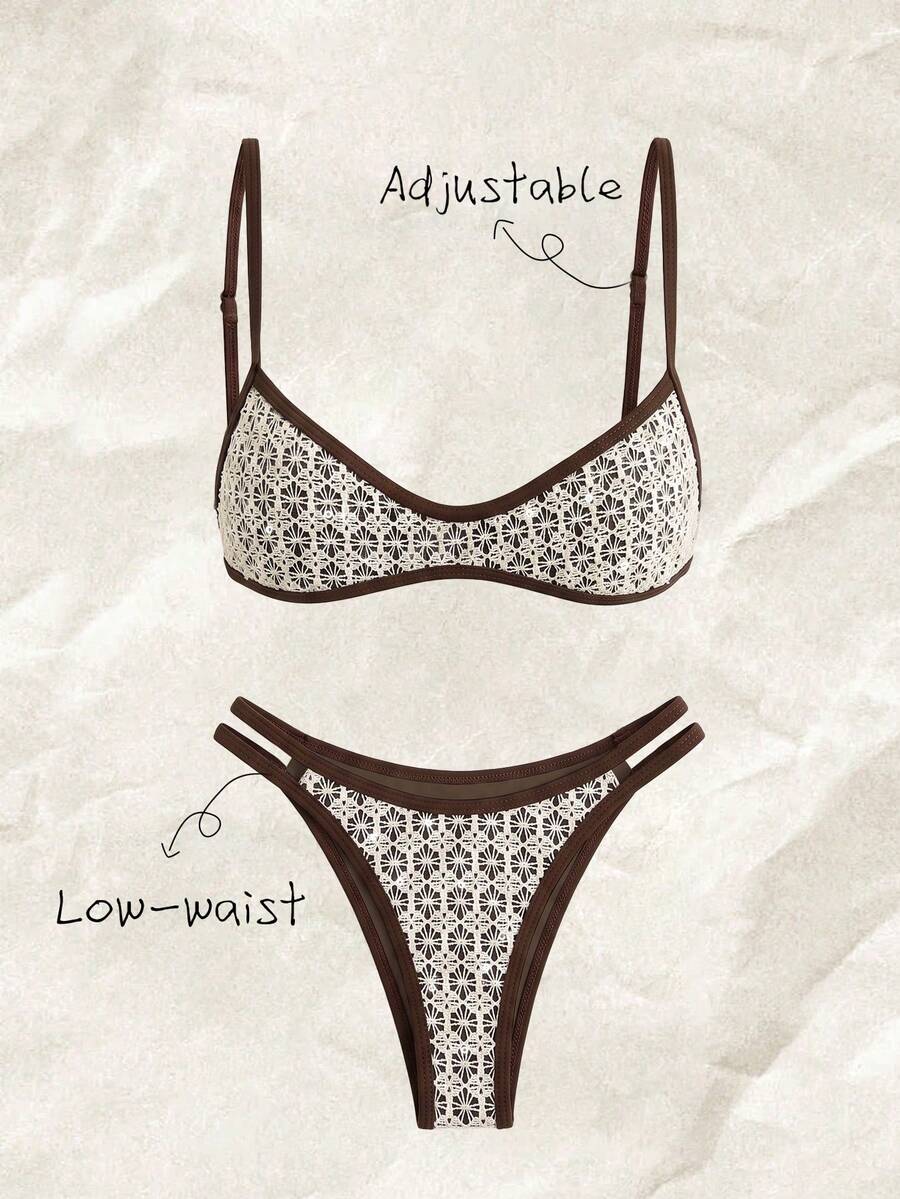 Elavelle Women's Jacquard Fabric Spaghetti Strap Bikini Set, Spring/Summer - Multicolor - View 1