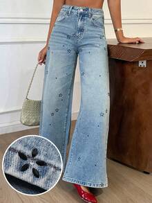 DAZY Women's Regular Waist Rhinestone Embellished Loose Straight Leg Casual Jeans - Medium Wash - View 8