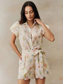 Anewsta Refreshing Versatile Spring/Summer White Base Floral Embroidery Petal Sleeve Shirt & Shorts Set - Apricot - View 4