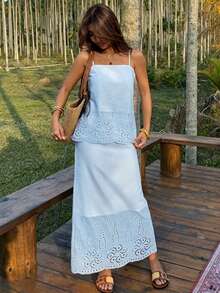 DAZY Solid Color Floral Embroidered Hem Fitted Maxi Skirt, Elegant Vacation Spring/Summer 2-Piece Set For Women - Blue - View 4