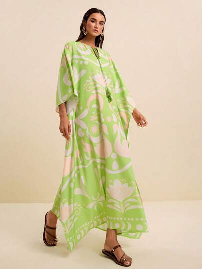 LOTSLUV Vestido suelto con estampado de colocación, cuello en V, mangas de murciélago y cintura con lazo, en verde y rosa, para primavera/verano y vacaciones de mujer
