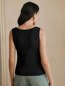 Anewsta Elegante camiseta sin mangas de punto ajustada con cuello cuadrado y adornos de strass hechos a mano para mujer, primavera - Negro - Ver 6