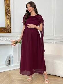 SHEIN Maternity Solid Color Pleated Casual Vacation Dress - Burgundy - View 7