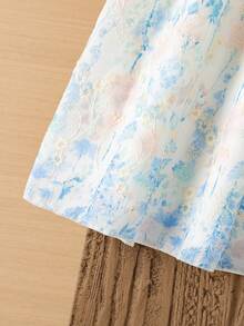 SHEIN Elladie kids 少女花卉刺绣圆领优雅短袖连衣裙，春夏款 - 藍色 - 查看 5