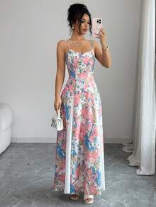 Modelyn Vestido midi con estampado floral francés, tirantes finos y falda acampanada, estilo elegante para vacaciones - Multicolor - Ver 4