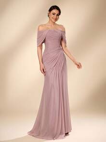 Serin Gaun Maxi Mermaid Model Baru 2026 yang Elegan, Mewah, Berwarna Pink, Berbahan Jala, dengan Lengan Terbuka dan Dekorasi Kerut, Cocok untuk Pernikahan, Acara Formal, Pengantin Wanita dan Ibu Pengantin. - Dusty Pink - View 7