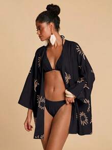 Travachic Women's Leaf Embroidery Pattern Casual Vacation Kimono - Black - View 6