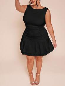 SHEIN BAE Plus Size Women Sleeveless Solid White Ruched Back Bow Decor Mini Dress - Black - View 7