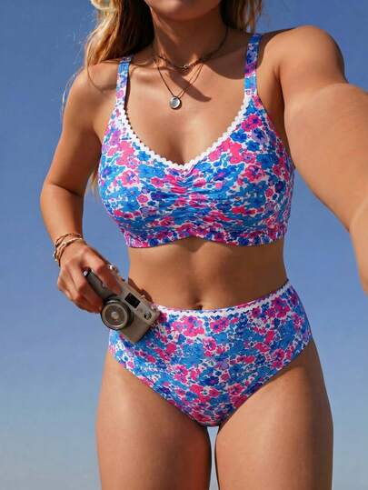 Swim Mod Traje de baño de 2 piezas sexy de talla grande, estampado floral digital, con relleno extraíble, tirantes ajustables, cintura fruncida, decoración floral de alta gama, Bottom triangular de cintura alta tradicional, traje de baño casual y elegante para vacaciones en la playa