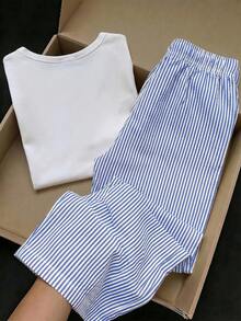 Souflis Souflis 2pcs/Set Toddler Girls Summer Outfit,Horse Print Round Neck Short Sleeve T-Shirt&Striped Straight Leg Pants,Family Matching Casual Comfortable Set - Blue - View 3