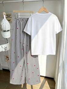 SHEIN Bộ trang phục thường ngày dành cho thiếu nữ: Áo thun ngắn tay thêu hình trái tim và quần kẻ sọc. - trắng - Xem 2