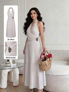 Modelyn Đầm quấn không tay bằng vải dệt nhăn dành cho nữ, có khóa kim loại, kiểu dáng thanh lịch, lãng mạn, thích hợp cho các buổi hẹn hò. - Màu Xám nhạt - Xem 4