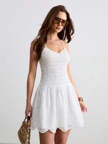 CielaLinda Vestido corto de mujer con tirantes finos y bordado - Blanco - Ver 6