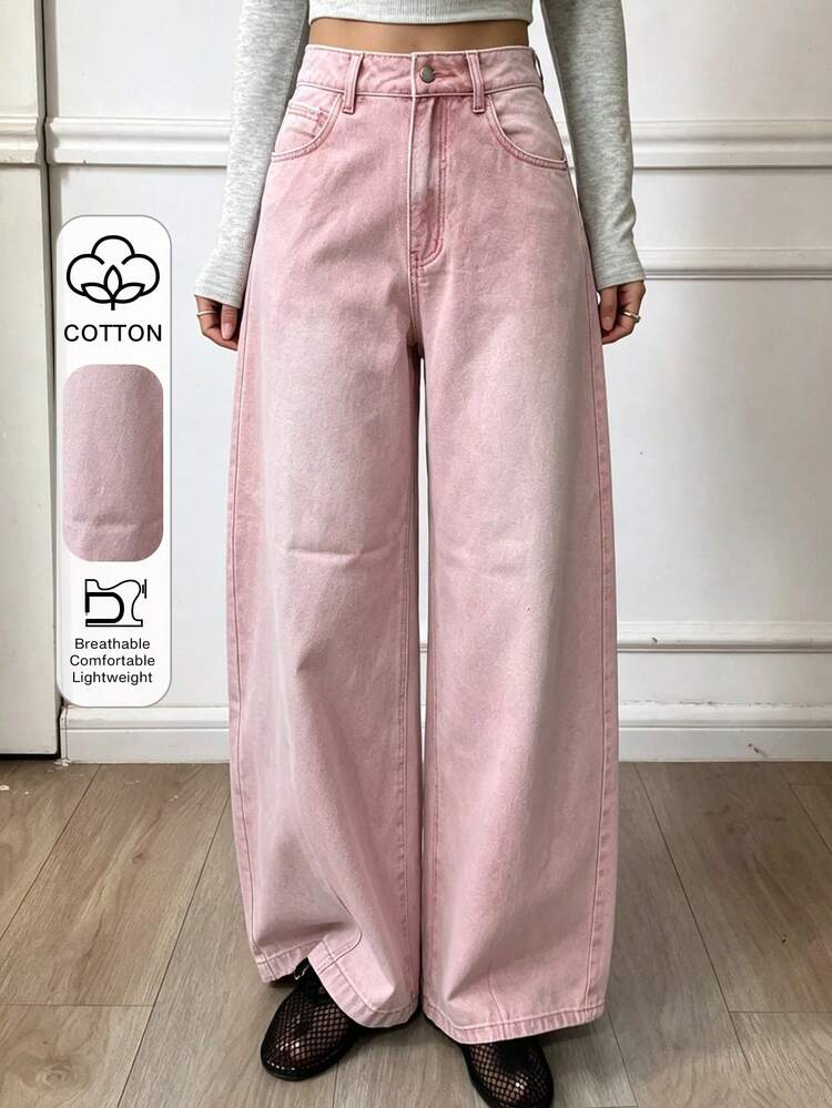 Women's Casual Everyday Washed Slant Pocket Loose Wide-Leg Jeans