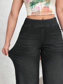 Pantalones vaqueros de pierna ancha, estilo casual deportivo, con elástico para mujer - Gris Oscuro - Ver 4