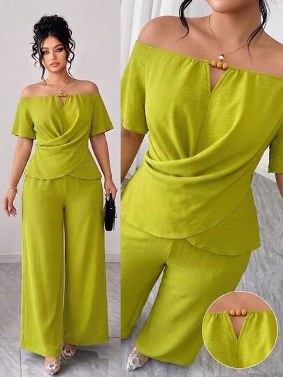 EMERY ROSE Blusa de verano verde talla grande para mujer, blusa ajustada con volantes en los hombros descubiertos, blusa de uso diario para dama