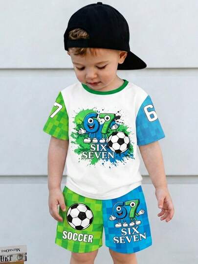 Conjunto de camiseta de manga corta casual deportiva con estampado de cuadros azul y verde para niños pequeños en primavera/verano