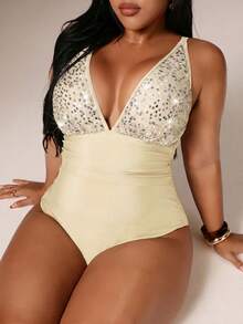 Auralis Plus Size Women's Sequin Detail Sexy One-Piece Swimsuit, Suitable For Pool And Beach - Apricot - View 3