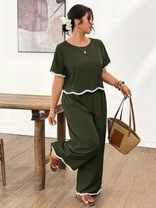 Lounesse Plus Size Women Holiday Round Neck Embroidered Ruffle Hem Blouse And Pocket Pants 2 Pieces Set - Dark Green - View 1