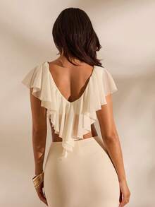 Opulessa Women's Solid Color Ruffle Hem Cropped Fashionable Top - White - View 4