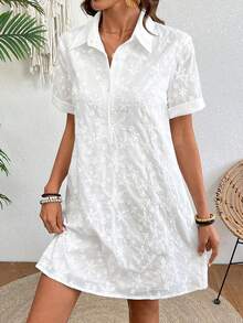 Zayélia Women's Summer Vacation Jacquard Texture Short Sleeve Shirt Dress - White - View 6