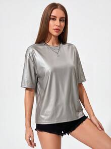 NORVETH Camiseta de manga corta con cuello redondo de PU casual y versátil para hombres - Plateado - Ver 4