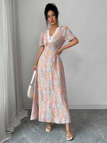 Selianne Elegant Sexy Boho Holiday Bohemian Pastal Cashew Flower V-Neck Ruffle Elastic Waist Women Long Dress Tea Party Vacation Golf Summer Blue And Yellow - Multicolor - View 5
