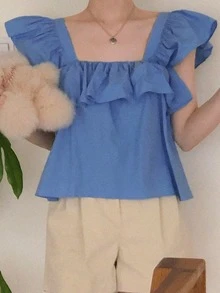 DAZY 女士休闲纯色荷叶边下摆衬衫，夏季可爱上衣 - 寶藍色 - 查看 3