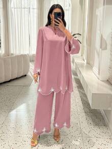 Lacomfia Women's V-Neck Embroidered Loose 2 Pieces Set, Autumn Tea Party Dusty Pink Modest - Dusty Pink - View 4