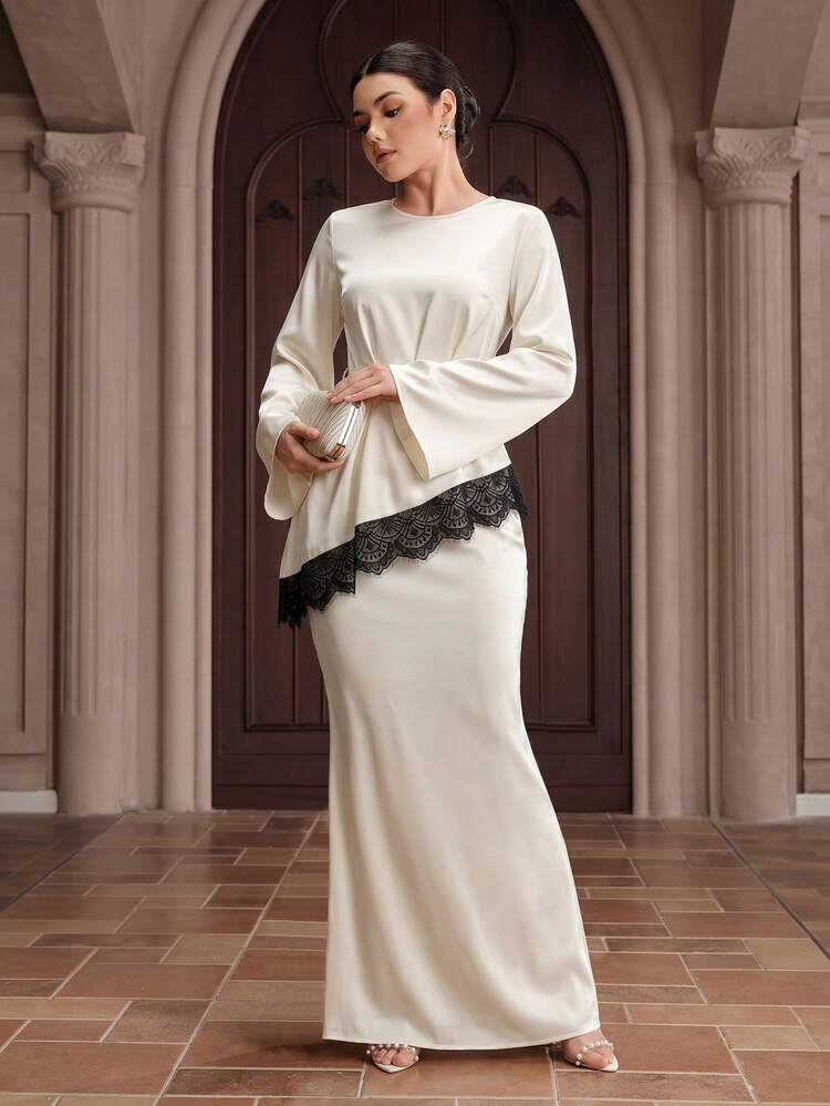 Graceveil Bộ 2 món kiểu Pháp thanh lịch, gồm chân váy đuôi cá buộc dây và eo chun, phối ren tương phản, chất liệu satin màu mơ. - Màu be - Xem 3