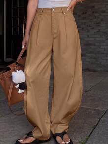 DAZY Women's Loose Solid Color Harem Pants With Pockets, Casual For Spring & Summer - Brown - View 3