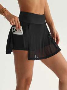 SHEIN Dewbera Women's Casual Loose A-Line Sports Skirt,Black Regular Waist Mesh Overlay Side Slit,With Shorts Lining And Pockets,For Running,Yoga,Gym,Tennis,Golf - Black - View 2