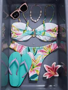 Swim SXY Bandeau-bikiniset med blommönster för kvinnor - Blå - Visa 2