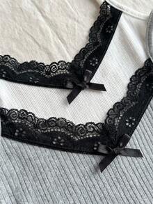 SHEIN 纯棉三件套罗纹针织纯色撞色蕾丝吊带背心休闲上衣家居服舒适睡衣套装，夏季适用 - 彩色 - 查看 3