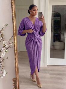 SHEIN Lady CURVE Plus Size Elegant Party Glitter Twist Waist Purple Dress Spring Summer Dress Party Dress Wedding Guest Dress For Women Birthday Dress  Elegant Dresses For Women Vacation Sparkly Dress Spring/Summer Dress  Party Dress  Wedding Guest Dress For Women  Birthday Dress  Elegant Dresses For Women Sparkly Dress Twist Front Dress Purple Elegant Dress Women - Purple - View 3
