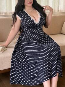 Vibekara Plus Size Polka Dot Lace V-Neck Dress, Spring/Summer - Navy Blue - View 6
