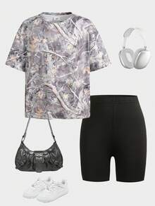 SHEIN 2 Stücke/Set Tween Mädchen Sommer Quetschbar Vintage Trockenes Blatt Muster Strick T-Shirt + Leggings Set, Lässige Alltags Mode vielseitiger Outfit für Ausflüge, Reisen, Camping, Fotoshootings, Passende Familienoptik - Grün - Übersicht 3