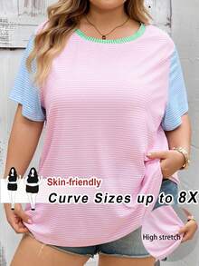 SHEIN CURVE+ Áo thun nữ cỡ lớn CURVE PLUS /Ngày Valentine/Áo thun nữ kẻ sọc lấp lánh và in họa tiết, họa tiết toàn thân, phù hợp cho mùa hè, Ngày Valentine, hoa hồng, trái tim, chấm bi, tình yêu, môi, thần Cupid, hoa 3D. - Nhiều màu - Xem 1